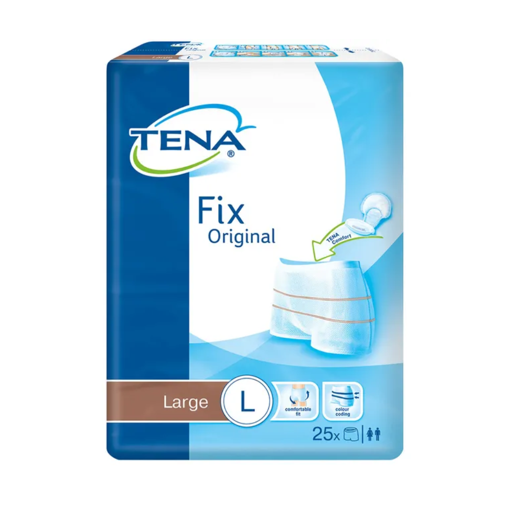 The packaging of the TENA Fix Original Fixation Pants in large format shows the brand logo as well as an image of the product. It contains 25 pieces and includes illustrations of male and female symbols, emphasizing its reliability as a proven incontinence product with reliable leak protection.