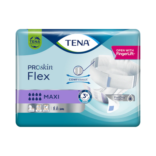 Das Bild zeigt eine Packung TENA Flex Maxi Inkontinenzvorlage mit Hüftbund, die für maximale Saugfähigkeit (MAXI-Level) ausgelegt ist. Die blau-weiße Verpackung zeigt Bilder, die die COMFIStretch-, Hüftbund-, FingerLift- und FeelDry-Technologie des Produkts sowie den 3-fachen Hautschutz hervorheben.