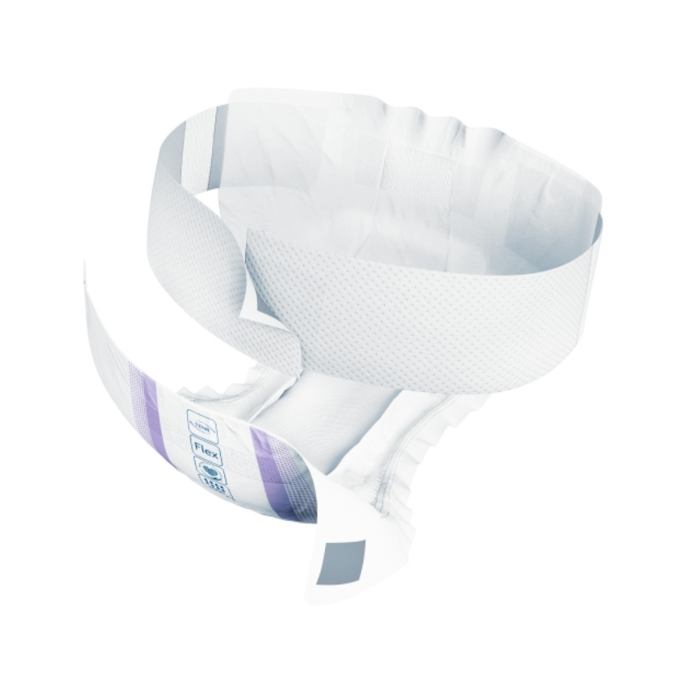 The TENA Flex Maxi incontinence pad from Essity Germany GmbH is depicted with a flexible waistband and adhesive side tabs. It features a predominantly white design with light purple accents and a small TENA Flex Maxi label on the front. The inside appears to be padded for comfort and absorbency, making it ideal for incontinence protection.