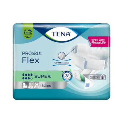 A pack of TENA Flex Super incontinence pad with waistband from TENA - Essity Germany GmbH, with ComfiStretch and secure waistband. The packaging equipped with FeelDry technology displays symbols highlighting the product features and includes a diagram of the incontinence pad.