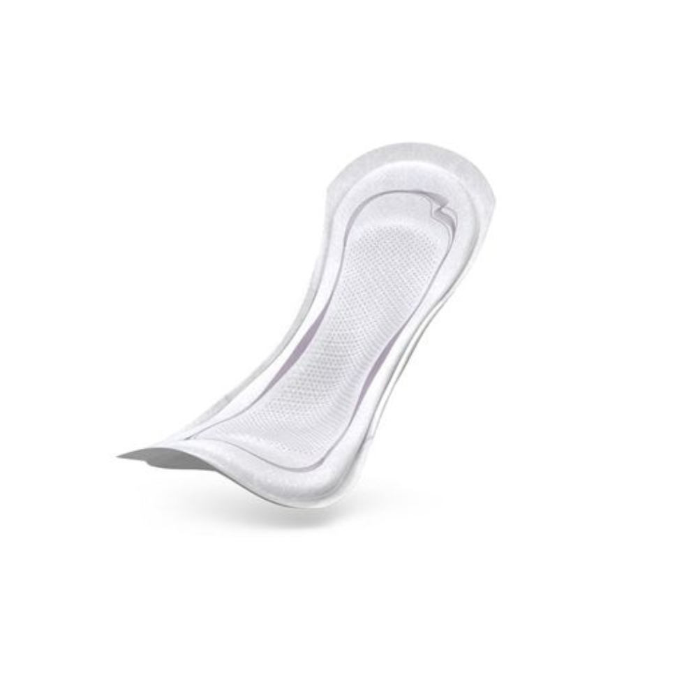 On a white background, a TENA Lady Discreet Extra Plus incontinence pad from Essity Germany GmbH is depicted. It features InstaDRY technology and a contoured design with a textured surface, designed for personal hygiene.