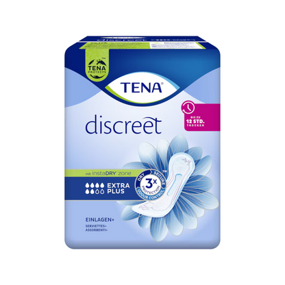 The image shows a pack of TENA Lady Discreet Extra Plus incontinence pad from Essity Germany GmbH, which serves to protect the sensitive bladder. The packaging is predominantly blue with a white floral motif and highlights features such as "InstaDRY Technology" and "3x Protection", emphasizing its effectiveness as an incontinence pad solution.