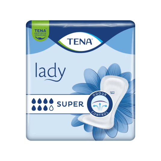 The packaging for the TENA Lady Super Incontinence Pads | Pack (30 pieces) by TENA - Essity Germany GmbH is blue and white. Distinctive elements such as the words “Lady” and “SUPER,” absorption drops, a floral design, and terms like “Odor Control” make it the ideal choice for anyone looking for reliable incontinence protection as part of the TENA Protects program.
