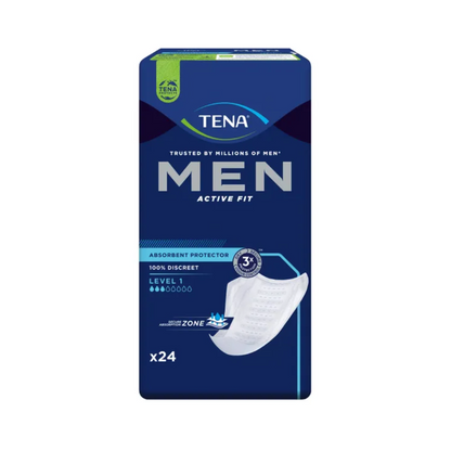 Image of the packaging of the TENA Men Active Fit Level 1 incontinence pad. The dark blue packaging with the TENA logo at the top bears the note "Used by millions of men" and highlights its "discreet design" and "secure absorption zone." Pictured is a white protector with 24 pieces inside.