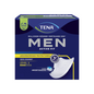 The image shows a pack of TENA Men Active Fit Level 2 incontinence pad, developed by TENA - Essity Germany GmbH for protection against urine loss. The blue-black packaging highlights "100% discreet" and features an "absorption zone" where "3x protection" is clearly visible, along with a visual representation of the product shape.