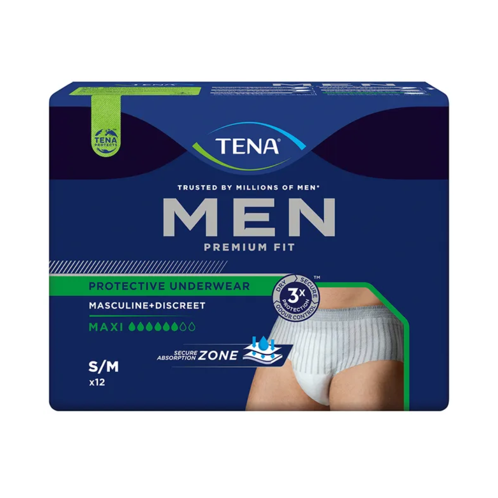 Packaging of the TENA Men Active Fit Pants Maxi incontinence pants in size S/M by TENA - Essity Germany GmbH. The design impresses with a masculine and discreet appearance, perfect for heavy urine loss with maximum absorbency. An image of the product is displayed, accompanied by text indicating secure absorbency and a quantity of 12 pieces.
