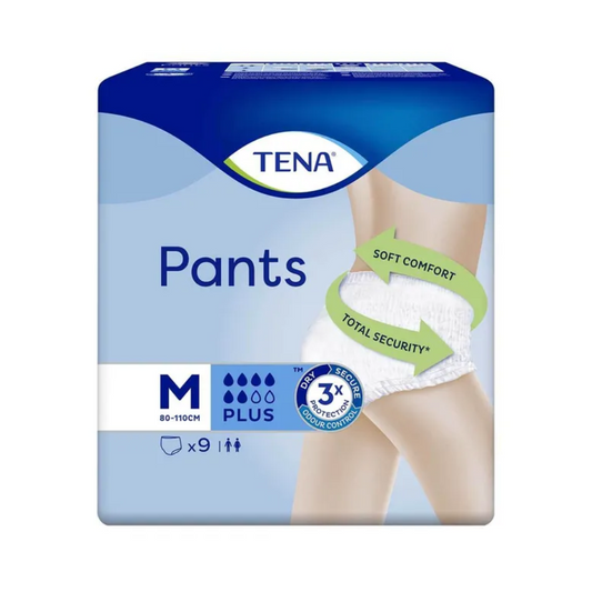 Abgebildet ist eine Verpackung von TENA Pants Plus ConfioFit Inkontinenzhosen in Größe Medium (80-110 cm). Auf der Verpackung sind Merkmale wie „Soft Comfort“ und „Total Security“ deutlich zu erkennen, mit einem Bild einer Person, die die TENA Pants Plus ConfioFit Inkontinenzhosen trägt. Sie enthält ein 3-fach-Schutzsymbol und enthält 9 Einheiten, ideal zur Behandlung von Blasenschwäche.