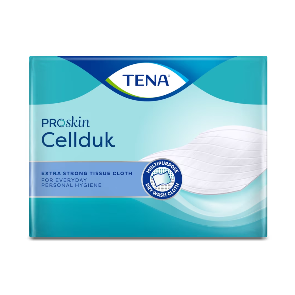 Pictured is the packaging of the TENA ProSkin Cellduk dry wipe 25 x 26 cm in blue and green colors. It shows the product name and the description: "Extra strong tissue wipe for daily personal hygiene with increased wet strength." Additionally, an image of a white cloth is included.