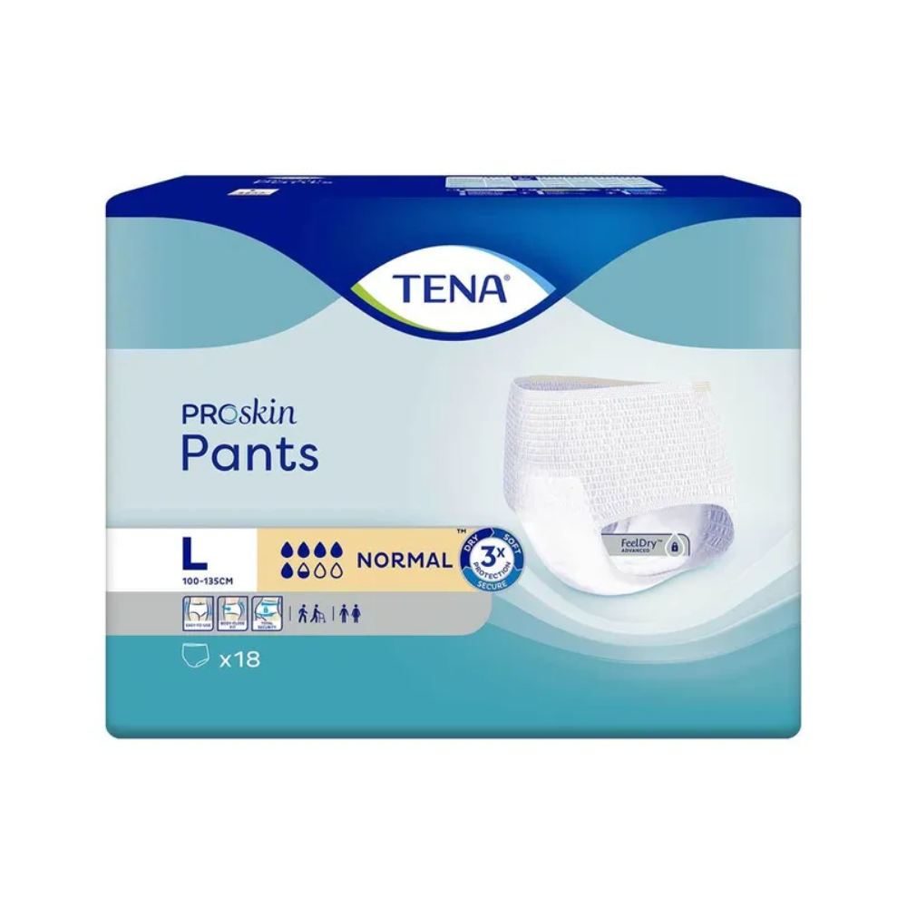 The image shows a pack of TENA Proskin Pants Normal, an incontinence pant from TENA - Essity Germany GmbH, suitable for people with bladder weakness in size Large. The blue and white packaging indicates that it contains 18 pants for medium absorbency with advanced FeelDry technology.