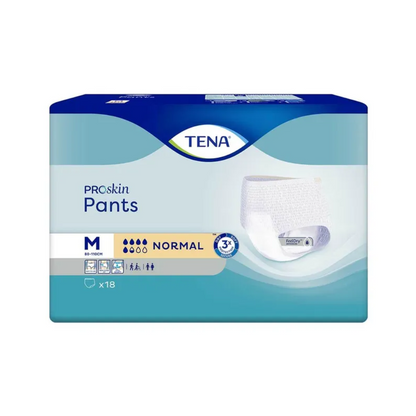 The image shows a pack of TENA Proskin Pants Normal incontinence pants from TENA - Essity Germany GmbH, made for people with bladder weakness. The blue and white packaging represents medium size, normal absorbency for adults, and contains 18 pieces.