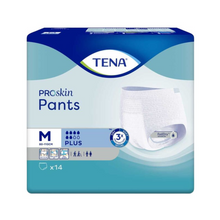 Abbildung der Verpackung der TENA Proskin Pants Plus Inkontinenzhosen. Eine blau-grüne Schachtel präsentiert weiße Hosen mit den Aufschriften „fühlt sich trocken an“, „3-facher Schutz“ und feuchtigkeitsreduzierender Technologie. Die Verpackung ist in der Größe M (80-110 cm) angegeben und enthält 14 Inkontinenzhosen mit Symbolen, die auf verschiedene Verwendungsmöglichkeiten und Vorteile hinweisen. Hergestellt von TENA - Essity Germany GmbH.