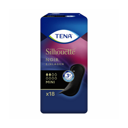 The image shows a pack of TENA Silhouette Noir Mini Panty Liners, black by Essity Germany GmbH, designed in a dark blue gradient. It shows a graphic representation of black incontinence panty liners and contains the text “18 pieces x”. To emphasize discreet triple protection, the TENA logo is prominently placed at the top.
