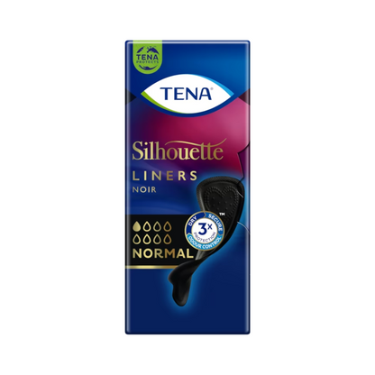 The packaging for TENA Silhouette Noir Normal pantyliner, black is elegantly designed and consists of a dark blue box with pink accents. It features the TENA logo and an image of the liner, highlighting the absorbency 'Normal' and the triple protection for 3x Fresh Odour Control.