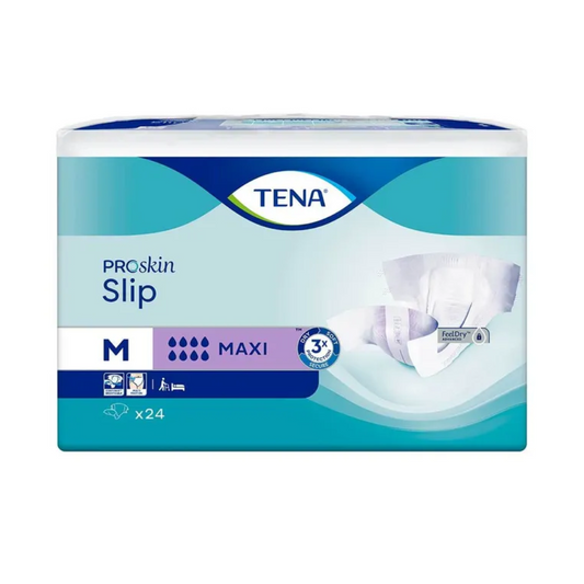 Eine Packung TENA Slip Maxi Inkontinenzvorlage mit Hüftbund für schweren Urinverlust, Größe Medium. Die blau-weiße Verpackung zeigt ein Bild der Inkontinenzvorlage und erwähnt Merkmale wie „FeelDry“ sowie eine Stückzahl von 24 Stück.
