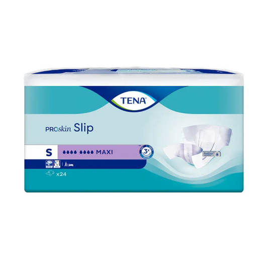Das Bild zeigt eine Packung TENA Slip Maxi Inkontinenzvorlage mit Hüftbund, eine Art Inkontinenzvorlage für schweren Urinverlust. Die Packung ist hauptsächlich blau und weiß, wobei „MAXI“ auf die hohe Saugfähigkeit hinweist. Sie ist als kleine Größe (S) gekennzeichnet und enthält 24 Stück.