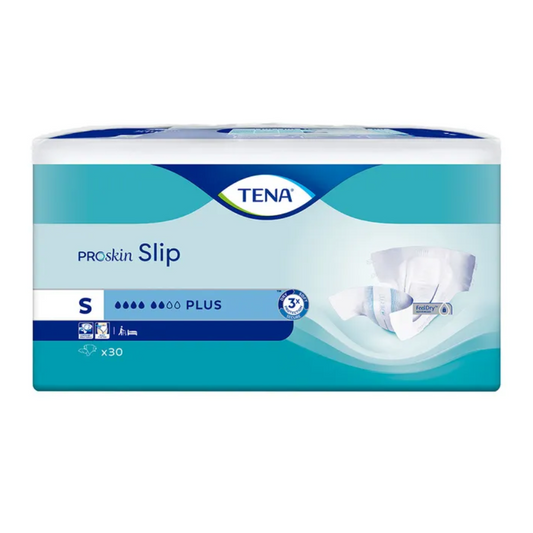 Eine rechteckige Packung TENA TENA Slip Plus Inkontinenzvorlage mit Hüftbund, Größe S. Die überwiegend blau-weiße Packung zeigt ein Bild der Windel und eine „30“, die die Menge angibt. Sie ist als Inkontinenzvorlage konzipiert und hebt ihre Saugfähigkeit mit Symbolen hervor und weist auf „Plus“ für verbesserten Auslaufschutz hin.