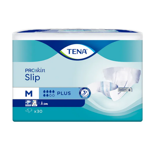 Eine Packung TENA Slip Plus Inkontinenzvorlage mit Hüftbund in mittlerer Größe, enthält 30 Stück. Die Verpackung ist blau-weiß gestaltet und enthält Symbole für Saugfähigkeit und Auslaufschutz sowie den Produktnamen und das Markenlogo. Perfekt für zuverlässige Inkontinenzvorlage-Bedürfnisse.