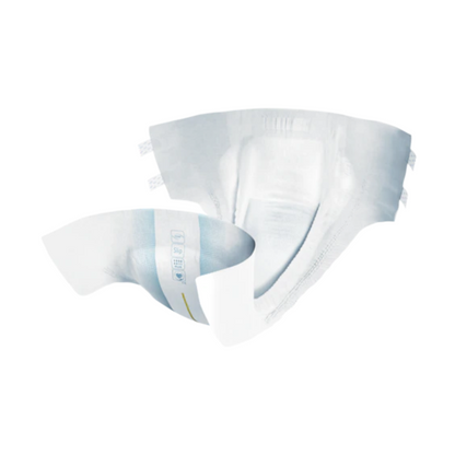 The TENA Slip Plus incontinence pad with waistband from TENA – Essity Germany GmbH is designed with a contoured shape and elastic side panels for a secure fit. This classic white incontinence pad offers reliable leakage protection and features adhesive strips and a forward-facing wetness indicator line for enhanced protection.