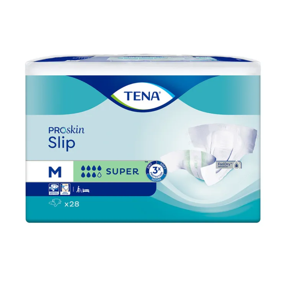 The packaging of the TENA Slip Super incontinence pad with waistband, available in size M, impresses with an elegant blue-white design with visual accents that highlight the advanced 3x dryness technology. This pack of 28 pieces promises superior leakage protection for confidence and comfort, courtesy of TENA - Essity Germany GmbH.
