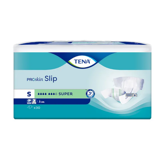 Das Bild zeigt eine Packung TENA Slip Super Inkontinenzvorlage mit Hüftbund. Die blau-weiße Verpackung gibt die Größe als S (klein) und die Saugstärke als Super an, mit einem bequemen Hüftbund. Die Packung enthält 30 Windeln, ideal für alle, die eine wirksame Inkontinenzvorlage benötigen.