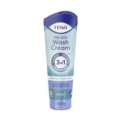 The 250 ml tube of TENA Wash Cream Skincare 3in1 from TENA – Essity Germany GmbH offers premium skincare through cleansing, protection, and moisturization. Perfect for sensitive skin, it provides a refreshing scent that enhances the care experience.