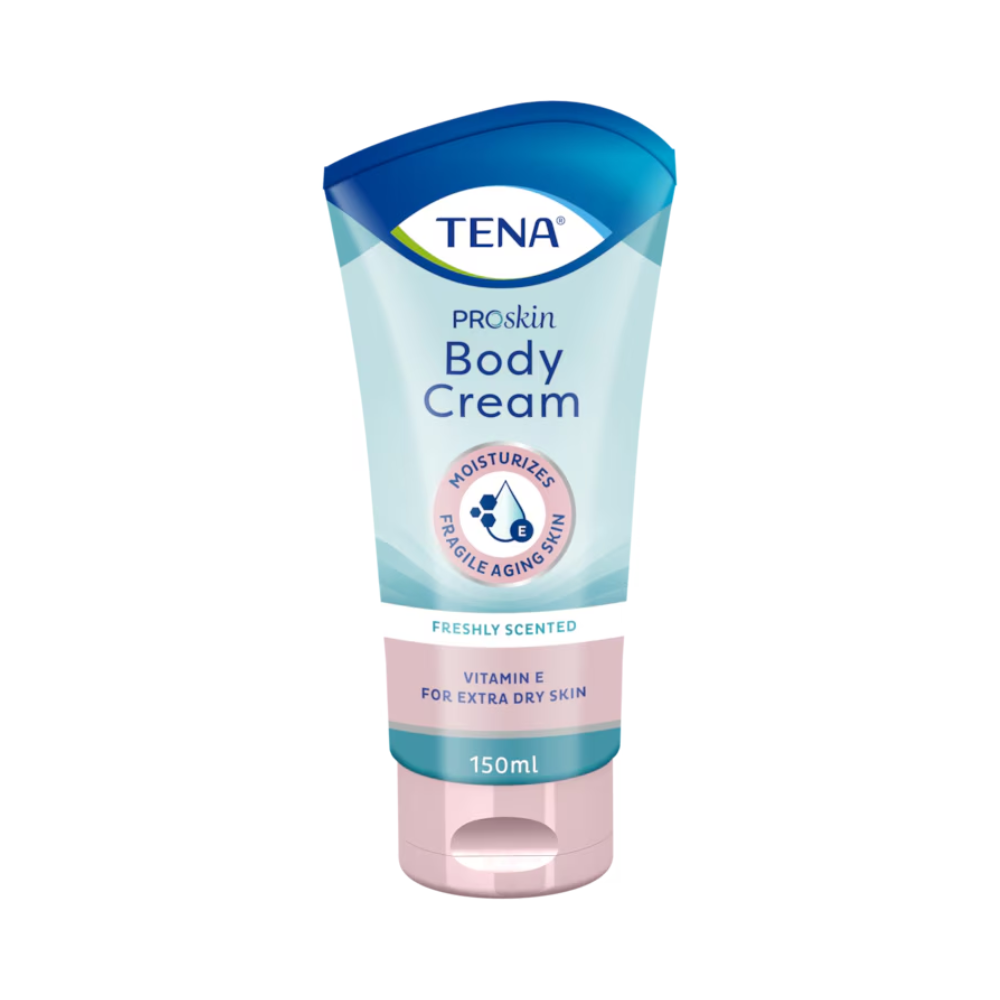 A 150 ml tube of TENA ProSkin Body Cream is offered in a light blue package with a dark blue cap. The formula enriched with natural oils and vitamin E moisturizes sensitive aging skin, soothes dry skin, and provides a fresh scent. The product is distributed under the TENA brand by Essity Germany GmbH.