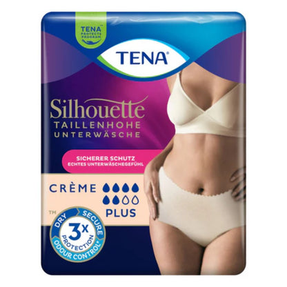 A pack of TENA Silhouette Plus Creme incontinence briefs from TENA - Essity Germany GmbH, depicted with a woman demonstrating the product. The pack offers secure protection, triple odor control, and plus absorbency for bladder weakness.