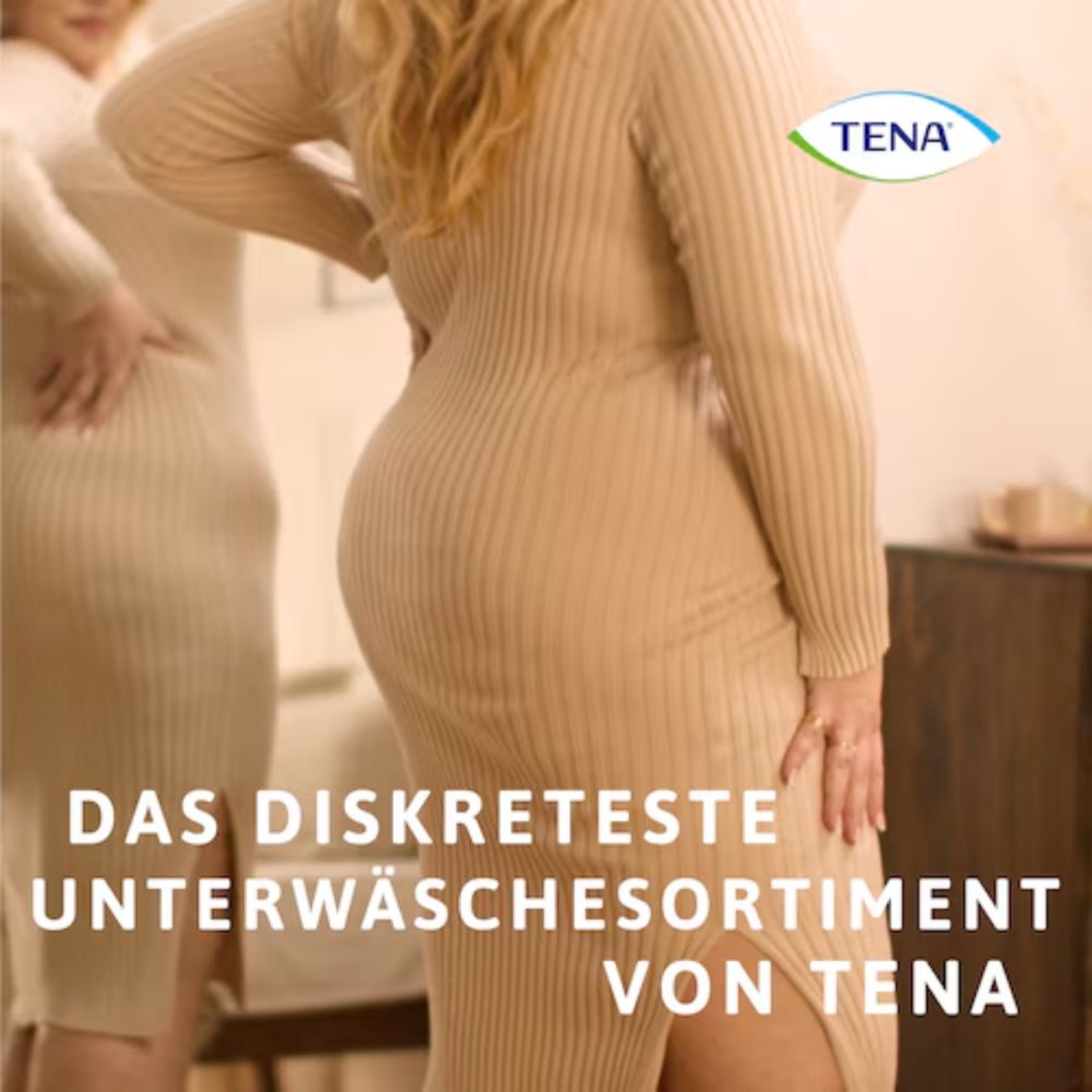 A person in a fitted beige dress stands with their back to the camera. The TENA logo appears at the top right. The German text below reads: "TENA Silhouette Plus Creme incontinence briefs - TENA's most discreet range - Essity Germany GmbH.