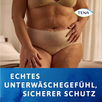 A person in beige, high-waisted TENA Silhouette Plus Creme incontinence briefs stands with a hand on their hip, the TENA - Essity Germany GmbH logo at the top right. Text below: "REAL UNDERWEAR FEEL, SECURE PROTECTION.