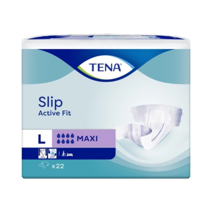 Abgebildet ist eine Packung TENA Slip Active Fit Maxi von TENA - Essity Germany GmbH in der Größe large (22 Stück) mit einer Produktabbildung und Symbolen für Auslaufschutz, Saugfähigkeit und Anwendung.