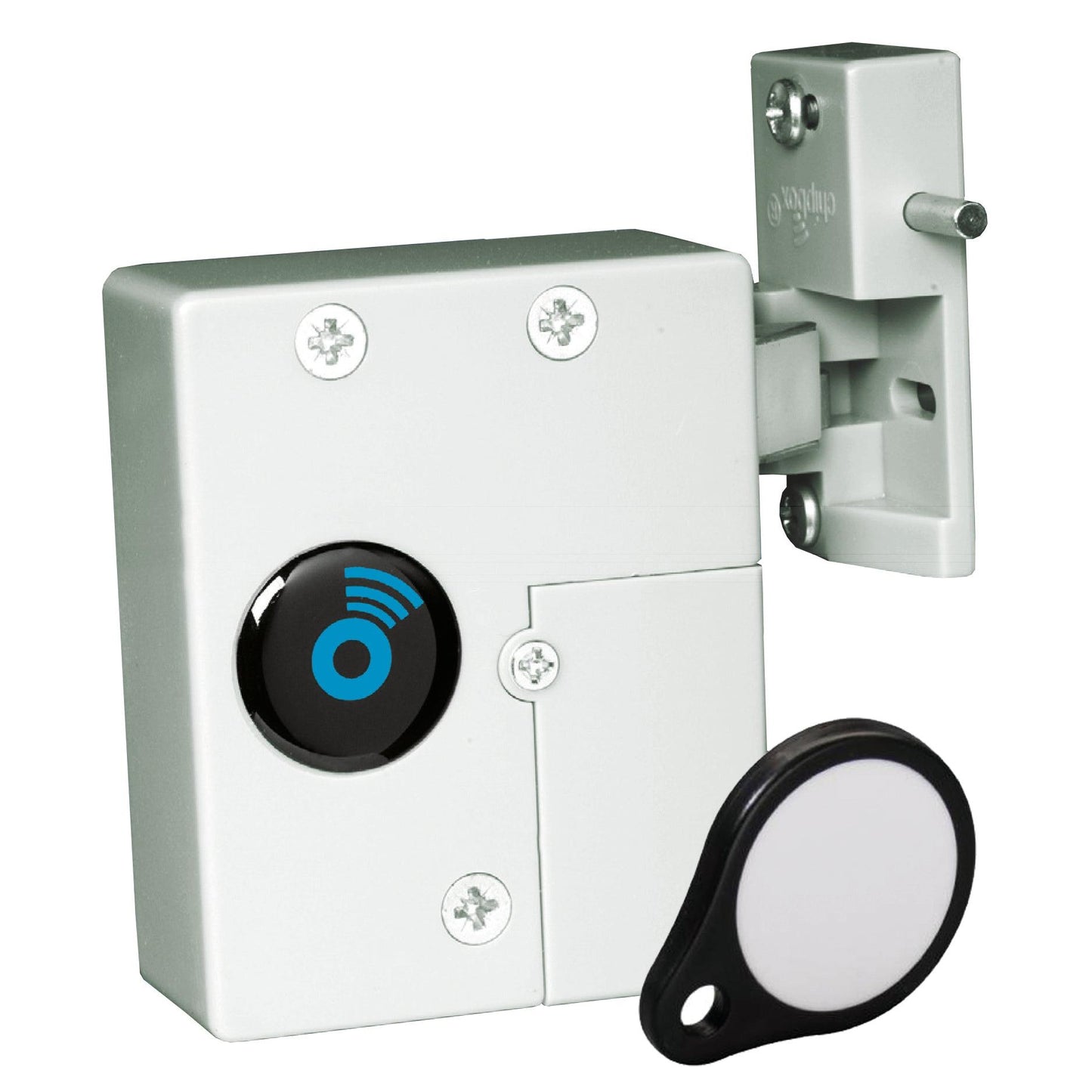 Pictured is a Novocal electronic transponder lock (1 piece) for drawers or doors in white with a round black sensor that carries a blue radio symbol; in front of it is a white key tag with a black border and the wall mount is attached.