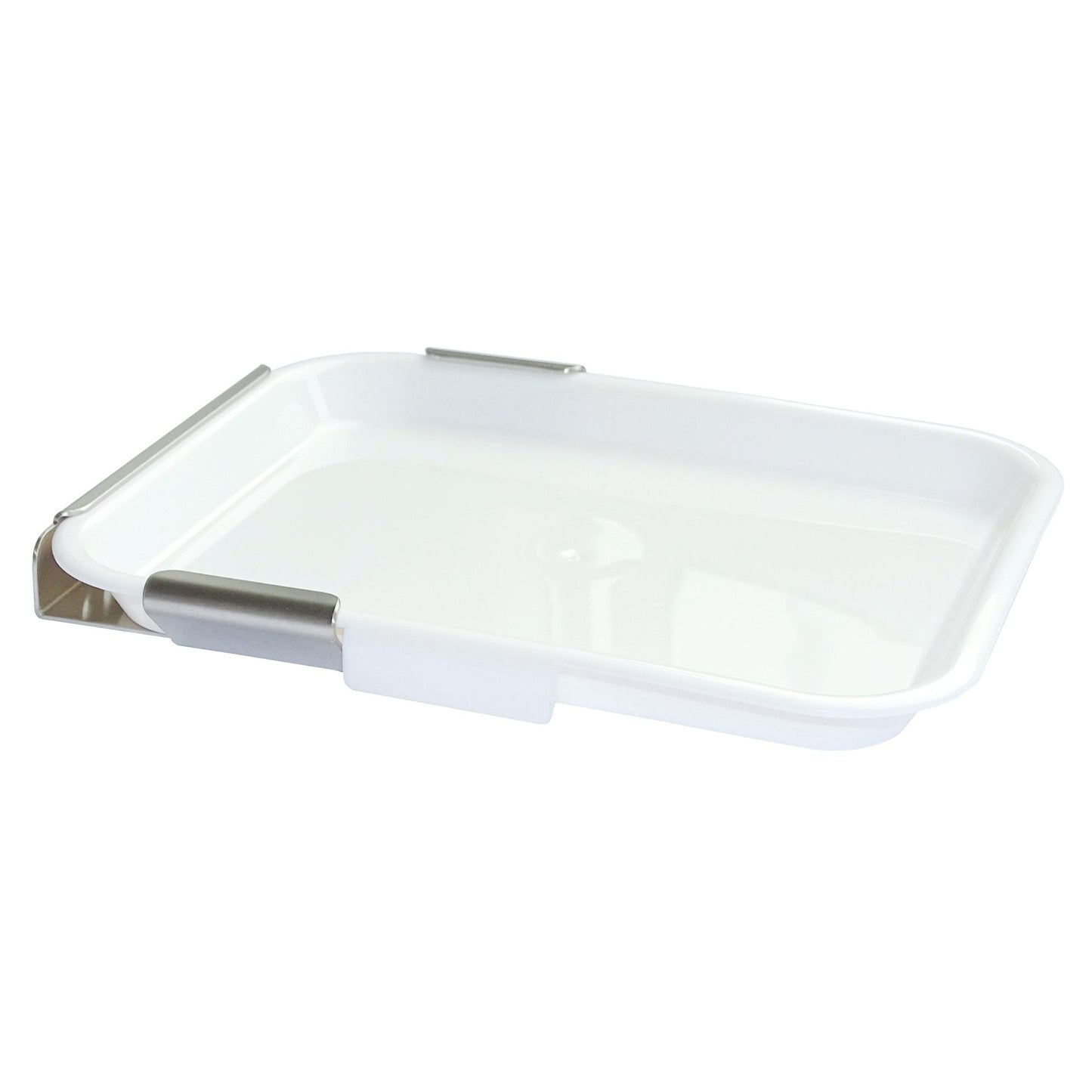 A white rectangular Novocal drip tray including a holder. Wall-mounted holder for disinfection station, with raised edges and two metal clips, ideal for hygienic storage, photographed against a white background.