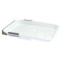 A white rectangular Novocal drip tray including a holder. Wall-mounted holder for disinfection station, with raised edges and two metal clips, ideal for hygienic storage, photographed against a white background.