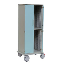 Das Novocal Tablettwagen Fahrgestell, hergestellt aus einer soliden Kunststoffplatte von Novocal, verfügt über zwei hellblaue Türen und mehrere Innenfächer. Er steht auf vier großen Rädern und ist somit leicht zu transportieren und bequem zu lagern.