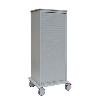 A tall, gray Novocal tray trolley with a closed roll-up door and a sturdy full plastic panel chassis on four large wheels stands in front of a plain white background. Packaging: 1 piece. Brand: Novocal.