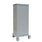 A tall, gray Novocal tray trolley with a closed roll-up door and a sturdy full plastic panel chassis on four large wheels stands in front of a plain white background. Packaging: 1 piece. Brand: Novocal.