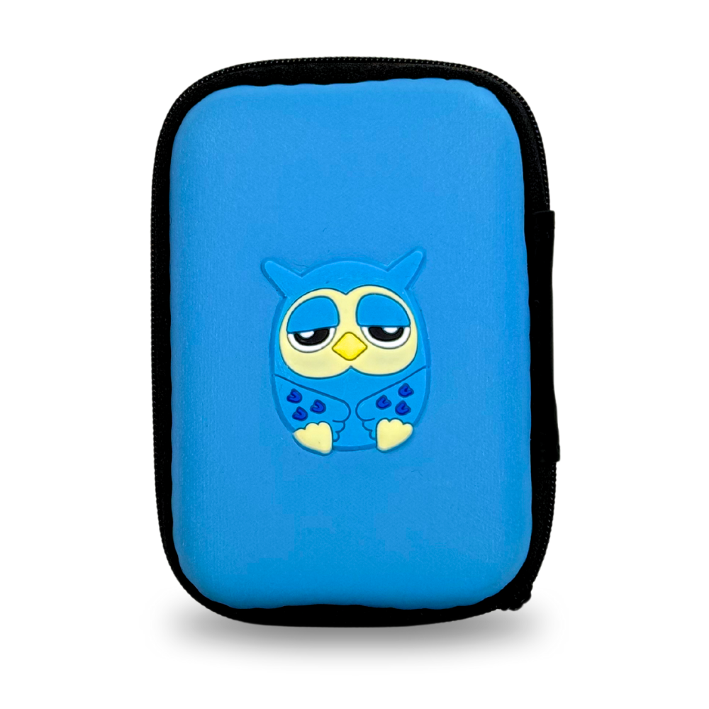 A blue-black zippered carrying case from Pluslife features the image of a blue owl with a sleepy expression, a yellow beak, yellow feet, and small blue hearts on its belly. The bag stands upright against a white background.