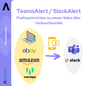 Graphic illustrating the function "Altruan TeamsAlert / SlackAlert" for monitoring sales channels like eBay and Amazon and showing real-time notifications sent to devices and applications like laptops and mobile phones.