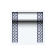 Der PAPSTAR Tischläufer stoffähnlich PV-Tissue Mix, „ROYAL Collection“ von PAPSTAR GmbH, besteht aus einem hochwertigen Zellstoff-Viskose-Tissue-Mix. Er verfügt über zwei schmale dunkelblaue Ränder mit einem sich wiederholenden X-Muster, vor einem elegant weißen Mittelpunkt. Perfekt, um jedem Ambiente Raffinesse zu verleihen.