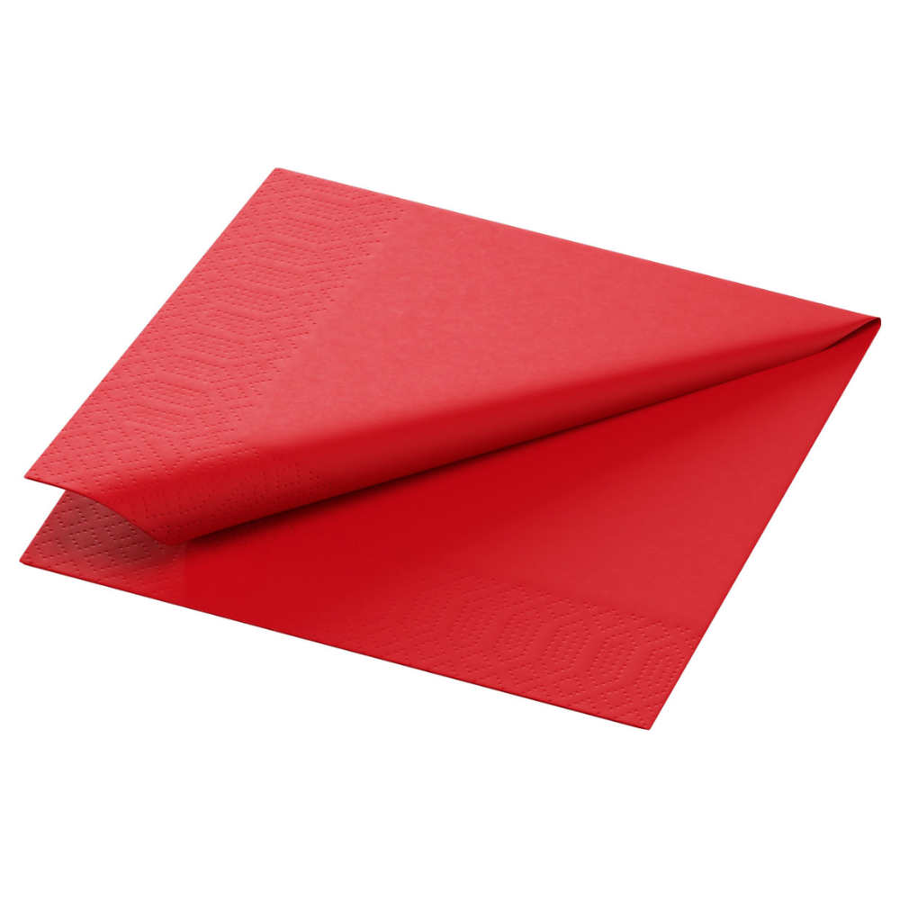 A folded red tissue napkin in the size 24 x 24 cm from Duni GmbH is presented against a plain white background, highlighting its sophisticated 3-ply design with a subtle embossed pattern along the edges.