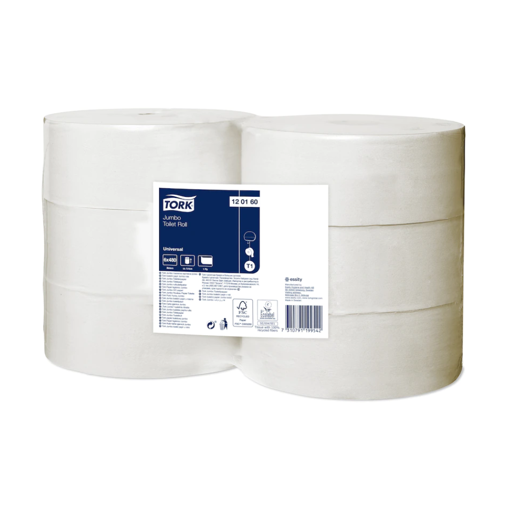 A carton of Tork 120160 Jumbo Toilet Paper Universal T1 1-ply with six rolls is ideal for areas with high visitor frequency. The packaging bears a label from “TORK – Essity Professional Hygiene Germany GmbH,” containing product details and various symbols. These rolls are neatly arranged in two horizontal rows of three rolls each, ensuring excellent value for money.