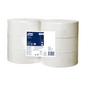 A carton of Tork 120160 Jumbo Toilet Paper Universal T1 1-ply with six rolls is ideal for areas with high visitor frequency. The packaging bears a label from “TORK – Essity Professional Hygiene Germany GmbH,” containing product details and various symbols. These rolls are neatly arranged in two horizontal rows of three rolls each, ensuring excellent value for money.