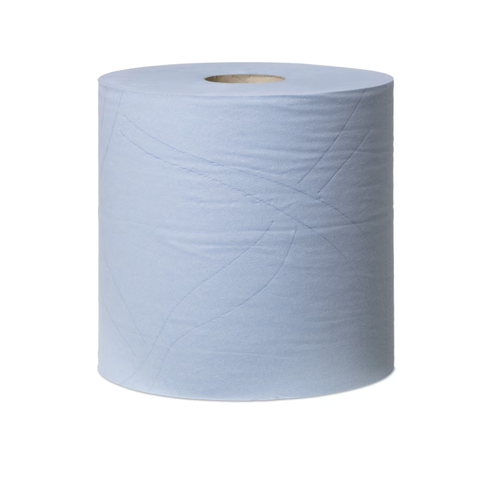 A Tork 130073 roll of extra-strong multipurpose paper towels in light blue stands upright with a textured surface and cardboard core, symbolizing premium quality from TORK - Essity Professional Hygiene Germany GmbH for versatile use.