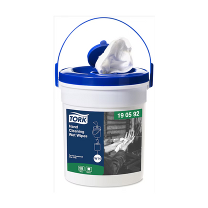 A white container with Tork 190592 moist hand cleaning wipes Premium W14 with a blue lid and carrying handle. The label shows an image of cleaned hands and the product number 19 05 92. These wipes labeled W14 by TORK – Essity Professional Hygiene Germany GmbH offer professional quality for waterless hand cleaning and contain a total of 58 wipes.