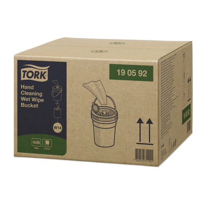 The box of Tork 190592 moist hand cleaning wipes Premium W14 1-ply by TORK – Essity Professional Hygiene Germany GmbH contains four buckets and features an illustration of a moist wipe bucket and product details for waterless hand cleaning, all in professional quality.