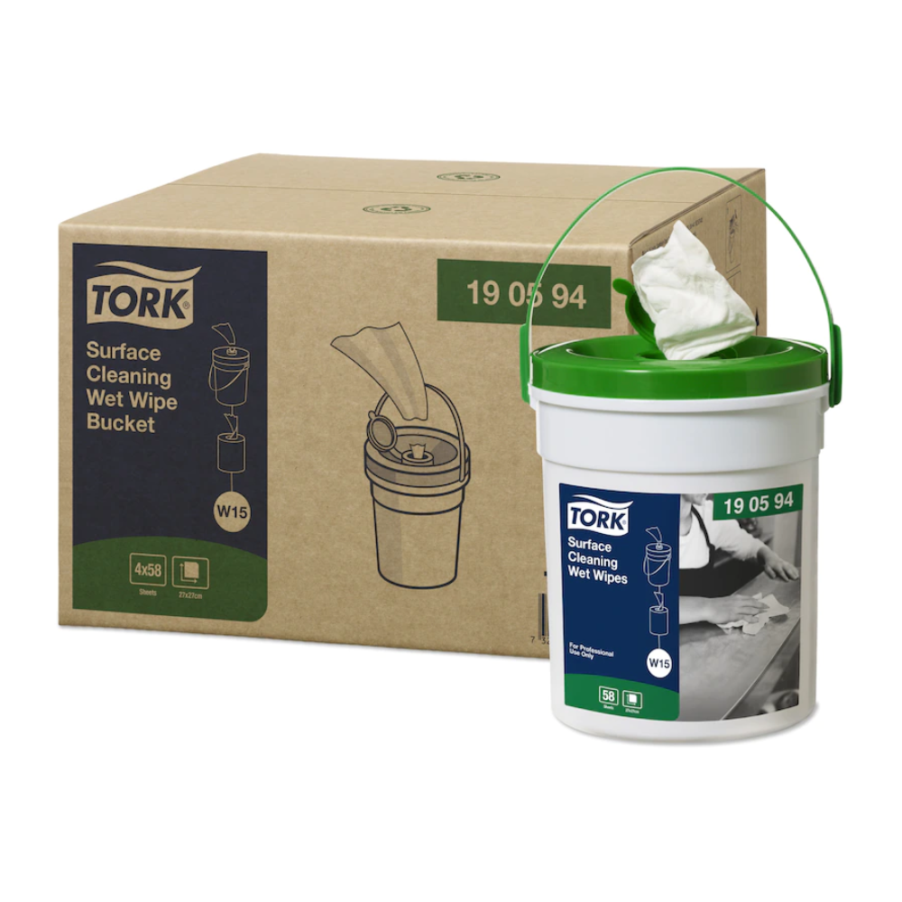 A white bucket with a green lid labeled "Tork 190594 wet surface cleaning wipes Premium W15 1-ply" is placed next to a box with the same TORK branding. The bucket, developed by Essity Professional Hygiene Germany GmbH, effortlessly dispenses wet surface cleaning wipes for efficient surface cleaning.