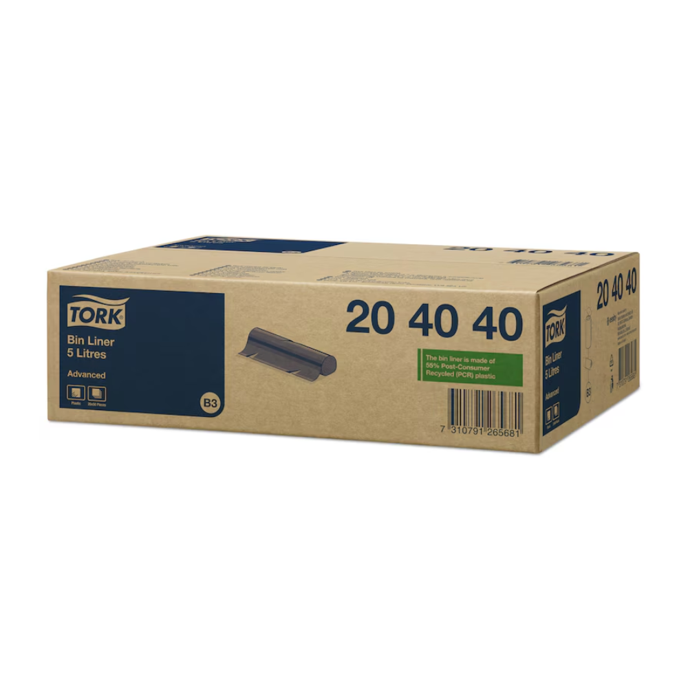 Shown is a box with the inscription "Tork 204040 Garbage Bags 5 l Black" from TORK – Essity Professional Hygiene Germany GmbH, made from recycled material. The box displays product images and barcodes, with the numbers "20 40 40" prominently placed on the sides. The packaging emphasizes the commitment to environmentally friendly hygiene products.