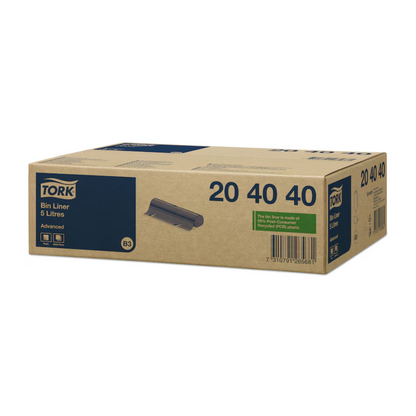 Shown is a box with the inscription "Tork 204040 Garbage Bags 5 l Black" from TORK – Essity Professional Hygiene Germany GmbH, made from recycled material. The box displays product images and barcodes, with the numbers "20 40 40" prominently placed on the sides. The packaging emphasizes the commitment to environmentally friendly hygiene products.