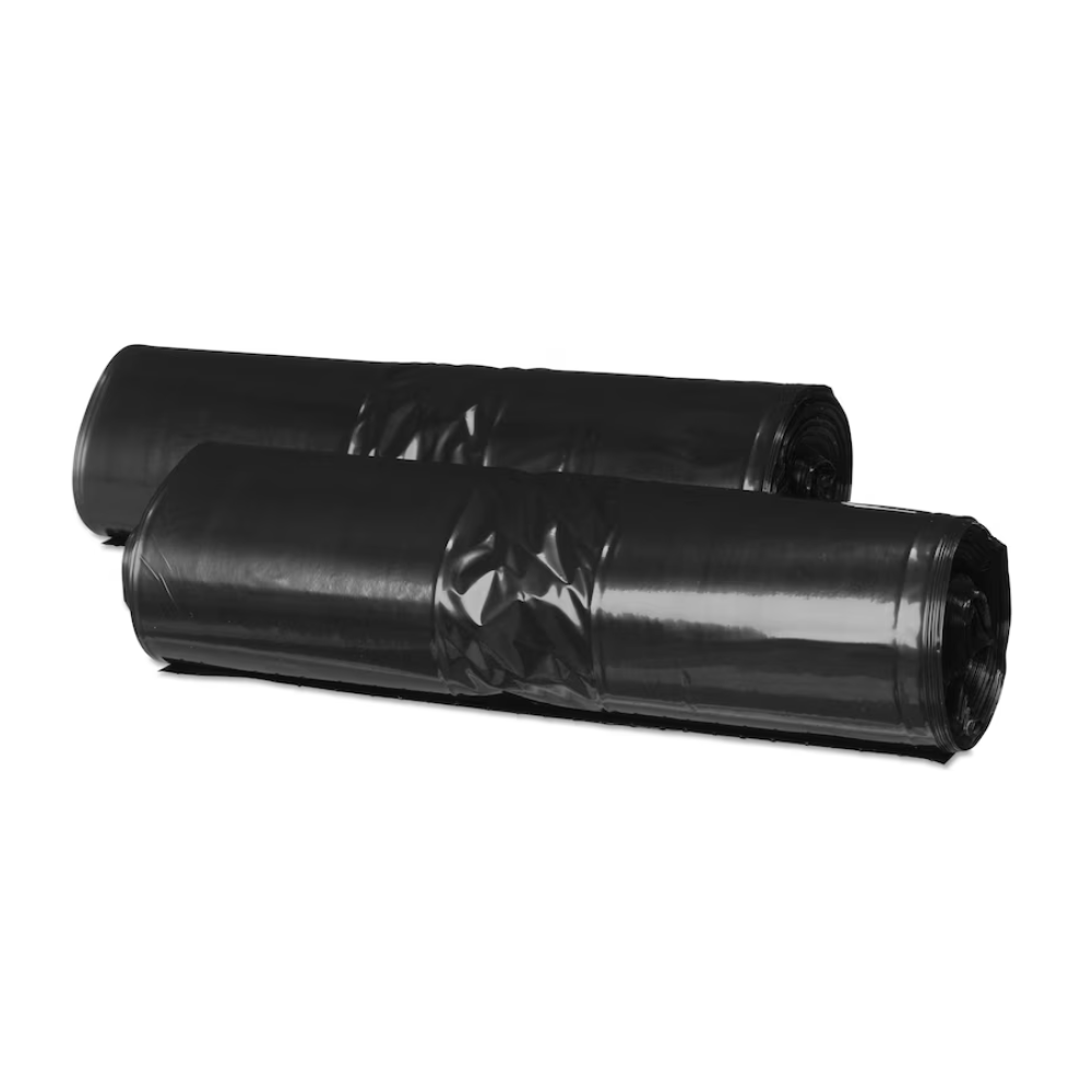 Two rolls of Tork garbage bags 5 l Black B3, possibly made from recycled material, lie side by side. Each roll appears tightly wound and has a shiny surface. These garbage bags suggest they serve as a cover or for protection.