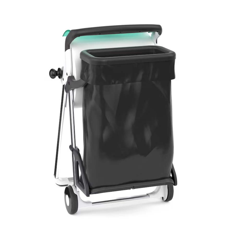 The Tork 206550 waste bag holder for floor stands by TORK - Essity Professional Hygiene Germany GmbH is a portable waste container from the W1 system. It includes a black plastic bag supported by a white frame equipped with wheels and a handle for mobility. It features a rectangular, open top with a blue-green accent and has a foot pedal at the bottom for convenient use.